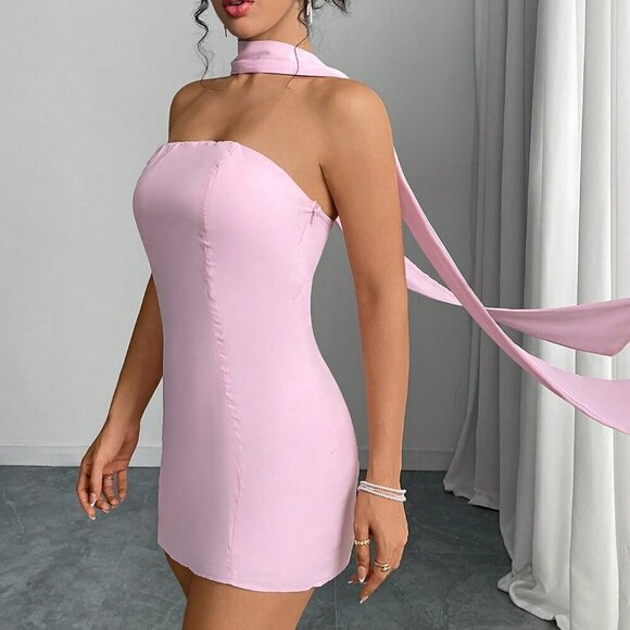 Baby Pink Elegant Party Women's Halter Bodycon Mini Dress - Picture 6 of 11